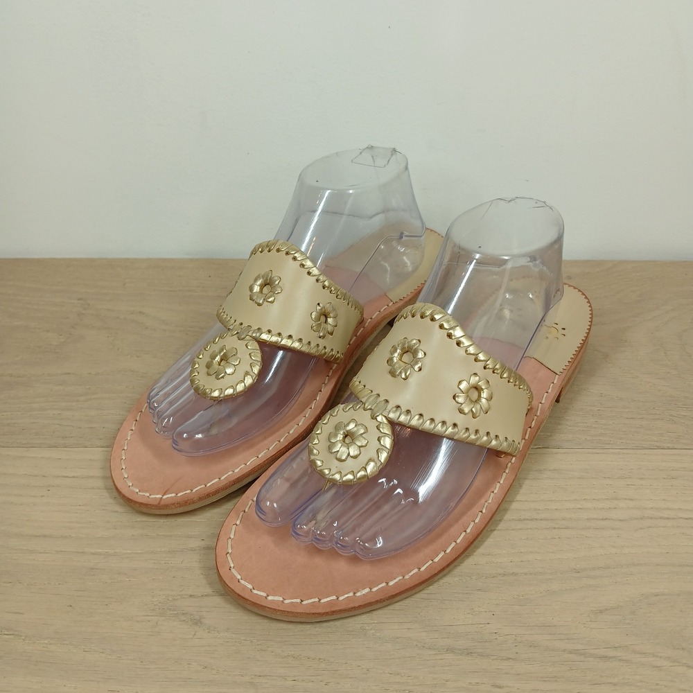 Jack Rogers 1960 Sandals Women 10.5 Gold Leather Thong Floral Studded Preppy